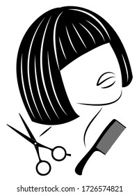 Silhouette of a cute lady. The girl shows a hairstyle on medium and long hair and scissors. Suitable for logo, hairdresser advertising. Vector illustration.