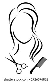 Silhouette of a cute lady. The girl shows a hairstyle on medium and long hair and scissors. Suitable for logo, hairdresser advertising. Vector illustration.
