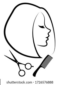 Silhouette of a cute lady. The girl shows a hairstyle on medium and long hair and scissors. Suitable for logo, hairdresser advertising. Vector illustration.