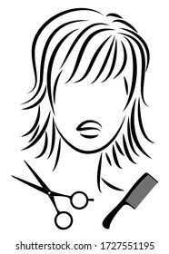 Silhouette of a cute lady. The girl shows a hairstyle on medium and long hair and scissors. Suitable for logo, hairdresser advertising. Vector illustration.