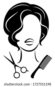 Silhouette of a cute lady. The girl shows a hairstyle on medium and long hair and scissors. Suitable for logo, hairdresser advertising. Vector illustration.