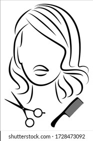 Silhouette of a cute lady. The girl shows a hairstyle on medium and long hair and scissors. Suitable for logo, hairdresser advertising. Vector illustration.