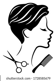 Silhouette of a cute lady. The girl shows a hairstyle on medium and short hair and scissors. Suitable for logo, hairdresser advertising. Vector illustration.