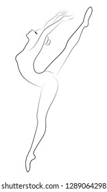 Silhouette of a cute lady, she is dancing ballet. The girl has a slim beautiful figure. Woman ballerina jumps. Vector illustration.