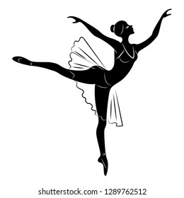 Silhouette of a cute lady, she is dancing ballet. The girl has a beautiful slim figure. Woman ballerina. Vector illustration.