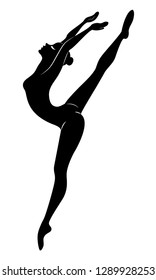 Silhouette of a cute lady, she is dancing ballet. The girl has a slim beautiful figure. Woman ballerina jumps. Vector illustration.