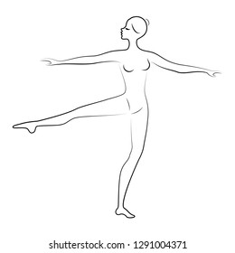 The silhouette of a cute lady, she is dancing ballet, circling fouette. The woman has a beautiful slim figure. Woman ballerina. Vector illustration.