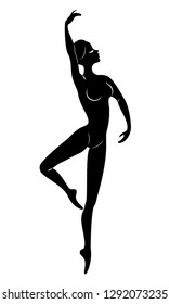 The silhouette of a cute lady, she is dancing ballet, circling fouette. The woman has a beautiful slim figure. Woman ballerina. Vector illustration.