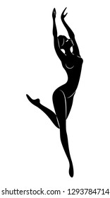 The silhouette of a cute lady, she is dancing ballet, circling fouette. The woman has a beautiful slim figure. Woman ballerina. Vector illustration.