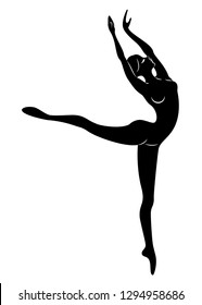 The silhouette of a cute lady, she is dancing ballet, circling fouette. The woman has a beautiful slim figure. Woman ballerina. Vector illustration.