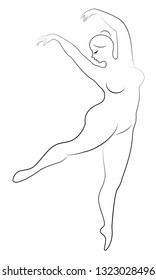 Silhouette of a cute lady, she is dancing ballet. The woman has an overweight  body. Girl is plump. Woman ballerina, gymnast. Vector illustration.