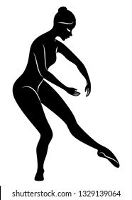 A silhouette of a cute lady, she is dancing ballet, curtsying. The woman has a beautiful slim figure. Woman ballerina. Vector illustration.