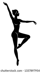The silhouette of a cute lady, she is dancing ballet, circling fouette. The woman has a beautiful slim figure. Woman ballerina. Vector illustration.