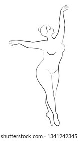 Silhouette of a cute lady, she is dancing ballet. The woman has an overweight  body. Girl is plump. Woman ballerina, gymnast. Vector illustration.