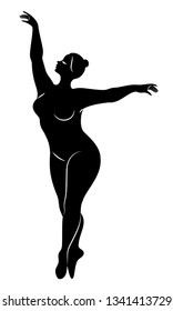 Silhouette of a cute lady, she is dancing ballet. The woman has an overweight  body. Girl is plump. Woman ballerina, gymnast. Vector illustration.