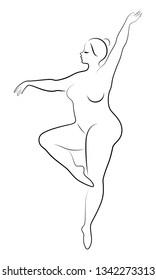 Silhouette of a cute lady, she is dancing ballet. The woman has an overweight  body. Girl is plump. Woman ballerina, gymnast. Vector illustration.