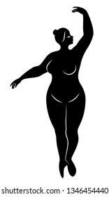 Silhouette of a cute lady, she is dancing ballet. The woman has an overweight  body. Girl is plump. Woman ballerina, gymnast. Vector illustration.