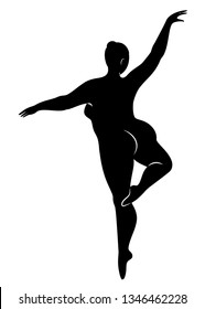 Silhouette of a cute lady, she is dancing ballet. A woman is overweight. The girl is full. Woman ballerina, gymnast. Back view. Vector illustration.