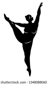 Silhouette of a cute lady, she is dancing ballet. The woman has an overweight  body. Girl is plump. Woman ballerina, gymnast. Vector illustration.