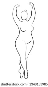 Silhouette of a cute lady, she is dancing ballet. The woman has an overweight  body. Girl is plump. Woman ballerina, gymnast. Vector illustration.