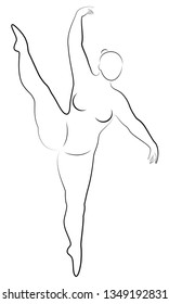 Silhouette of a cute lady, she is dancing ballet. The woman has an overweight  body. Girl is plump. Woman ballerina, gymnast. Vector illustration.