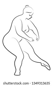 Silhouette of a cute lady, she is dancing ballet. A woman is overweight. The girl is full. Woman ballerina, gymnast. Makes a curtsy. Vector illustration.