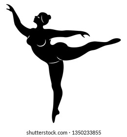 Silhouette of a cute lady, she is dancing ballet. The woman has an overweight  body. Girl is plump. Woman ballerina, gymnast. Vector illustration.