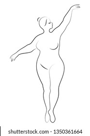 Silhouette of a cute lady, she is dancing ballet. The woman has an overweight  body. Girl is plump. Woman ballerina, gymnast. Vector illustration.