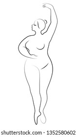 Silhouette of a cute lady, she is dancing ballet. The woman has an overweight  body. Girl is plump. Woman ballerina, gymnast. Vector illustration.