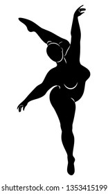 Silhouette of a cute lady, she is dancing ballet. The woman has an overweight  body. Girl is plump. Woman ballerina, gymnast. Vector illustration.