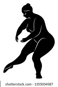 Silhouette of a cute lady, she is dancing ballet. A woman is overweight. The girl is full. Woman ballerina, gymnast. Makes a curtsy. Vector illustration.