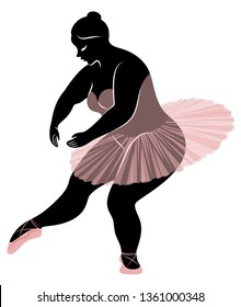 Silhouette of a cute lady, she is dancing ballet. A woman is overweight. The girl is full. Woman ballerina, gymnast. Makes a curtsy. Vector illustration.
