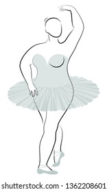 Silhouette of a cute lady, she is dancing ballet. The woman has an overweight  body. Girl is plump. Woman ballerina, gymnast. Vector illustration.