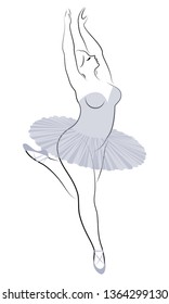 Silhouette of a cute lady, she is dancing ballet. The woman has an overweight  body. Girl is plump. Woman ballerina, gymnast. Vector illustration.