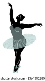 Silhouette of a cute lady, she is dancing ballet. The woman has an overweight  body. Girl is plump. Woman ballerina, gymnast. Vector illustration.
