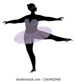 Silhouette of a cute lady, she is dancing ballet. The woman has an overweight  body. Girl is plump. Woman ballerina, gymnast. Vector illustration.