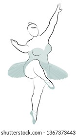 Silhouette of a cute lady, she is dancing ballet. The woman has an overweight  body. Girl is plump. Woman ballerina, gymnast. Vector illustration.