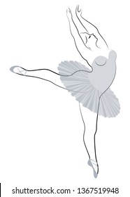 Silhouette of a cute lady, she is dancing ballet. The woman has an overweight  body. Girl is plump. Woman ballerina, gymnast. Vector illustration.