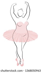Silhouette of a cute lady, she is dancing ballet. The woman has an overweight  body. Girl is plump. Woman ballerina, gymnast. Vector illustration.