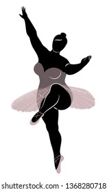 Silhouette of a cute lady, she is dancing ballet. The woman has an overweight  body. Girl is plump. Woman ballerina, gymnast. Vector illustration.