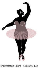 Silhouette of a cute lady, she is dancing ballet. The woman has an overweight  body. Girl is plump. Woman ballerina, gymnast. Vector illustration.