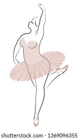 Silhouette of a cute lady, she is dancing ballet. The woman has an overweight  body. Girl is plump. Woman ballerina, gymnast. Vector illustration.