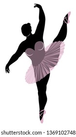 Silhouette of a cute lady, she is dancing ballet. The woman has an overweight  body. Girl is plump. Woman ballerina, gymnast. Vector illustration.