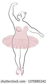 Silhouette of a cute lady, she is dancing ballet. The woman has an overweight  body. Girl is plump. Woman ballerina, gymnast. Vector illustration.