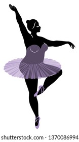 Silhouette of a cute lady, she is dancing ballet. The woman has an overweight  body. Girl is plump. Woman ballerina, gymnast. Vector illustration.