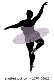 Silhouette of a cute lady, she is dancing ballet. The woman has an overweight  body. Girl is plump. Woman ballerina, gymnast. Back view. Vector illustration.