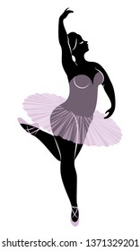 Silhouette of a cute lady, she is dancing ballet. The woman has an overweight  body. Girl is plump. Woman ballerina, gymnast. Vector illustration.