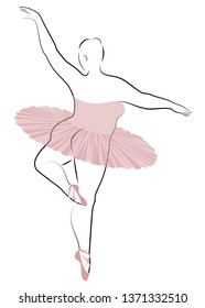 Silhouette of a cute lady, she is dancing ballet. The woman has an overweight  body. Girl is plump. Woman ballerina, gymnast. Back view. Vector illustration.