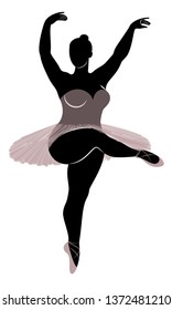 Silhouette of a cute lady, she is dancing ballet. The woman has an overweight  body. Girl is plump. Woman ballerina, gymnast. Vector illustration.