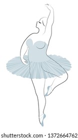 Silhouette of a cute lady, she is dancing ballet. The woman has an overweight  body. Girl is plump. Woman ballerina, gymnast. Vector illustration.